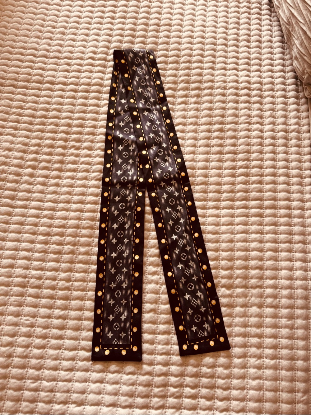 Black Monogram Silk Scarf/ Bandeau with Gold Dot Trim
